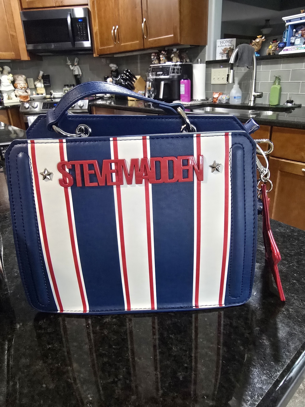 Steve Madden Navy, White & Red Striped Top-Handle Bag